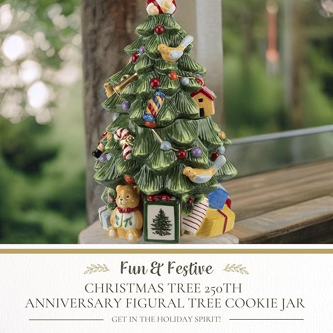 Spode Figural Christmas Tree Cookie Jar - 12.25" Dolomite Holiday Jar with Lid - Festive Tree Decor, Candy Jar for Kitchen Counter, Seasonal Home Decor, Holiday Container