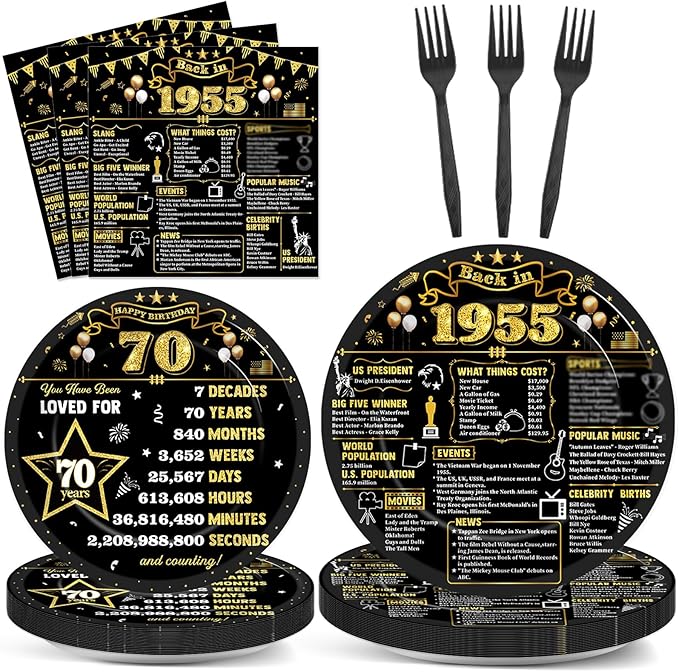 96Pcs 70th Birthday Plates and Napkins Back in 1955 Party Decorations Black Gold 70 Year Old Party Dessert Plates 1955 Tableware for 24 Guests 70th Theme Men Woman Birthday Supplies