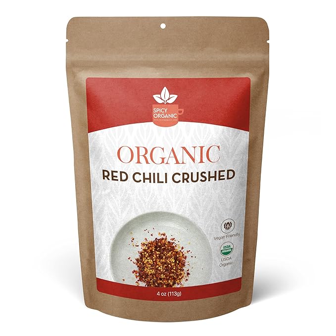 SPICY ORGANIC Crushed Red Pepper Flakes 4 oz. - Robust Chili Peppers Seasoning Spice - USDA Organic, Kosher, Non-GMO- Ideal for Pizza, Pastas, Salads, Sauces, Stews, Marinades and Pickled Vegetables