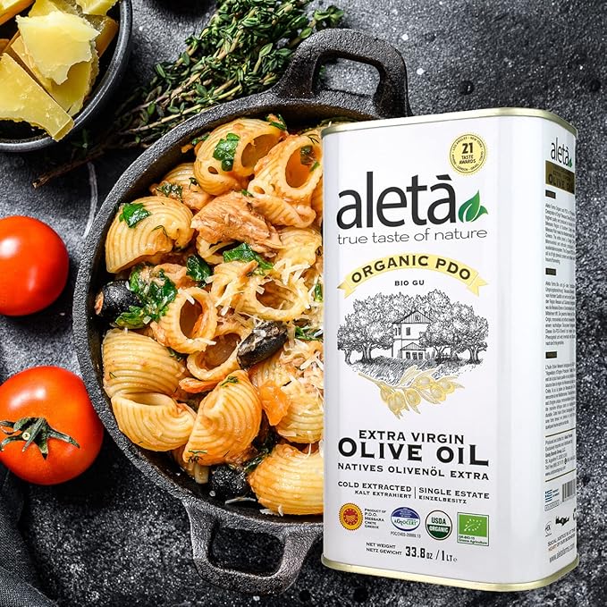 Aleta, USDA Organic Greek Extra Virgin Olive Oil, EU Certified Single Estate PDO Greece, 1 Lt (33.8 oz.) Tin, Kosher EK, Pack of 1