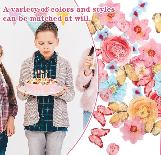 102pcs Edible Butterflies Flower Cupcake Toppers, Edible Cake Toppers Birthday Cupcake Toppers Cake Topper Decorations for Wedding Themed Party Cake Decoration Supplies