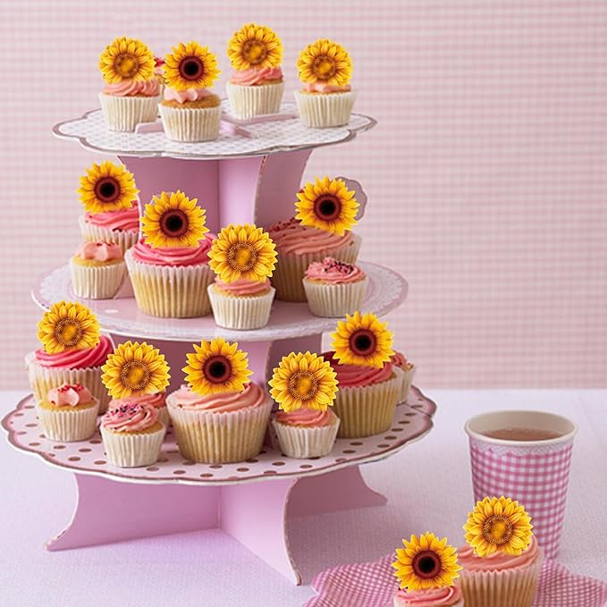 40Pcs Edible Sunflower Cupcake Toppers Wafer Paper Flower Themed Party Birthday Toppers Drink Topper Picks Girl Birthday Theme Cake Decorations for Supplies Anniversary Party Decoration