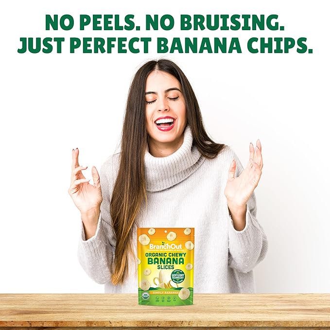 BranchOut Chewy Banana Slices, No Sugar Added, GentleDry Locks in Nutrition, Better than Freeze Dried Banana Chips, Healthy Vegan Fruit Snacks for Kids & Adults, 2 oz Snack Size (Pack of 4)