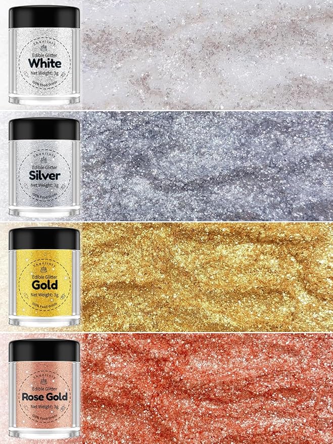 Shanlinly Edible Glitter Set - 4 Colors Food Grade Edible Glitters for Cake Strawberries Drink Dust Shimmering Glitter, Vegan Metallic Food Coloring Sprinkle on Sparkle for Chocolates, Fondant Pops