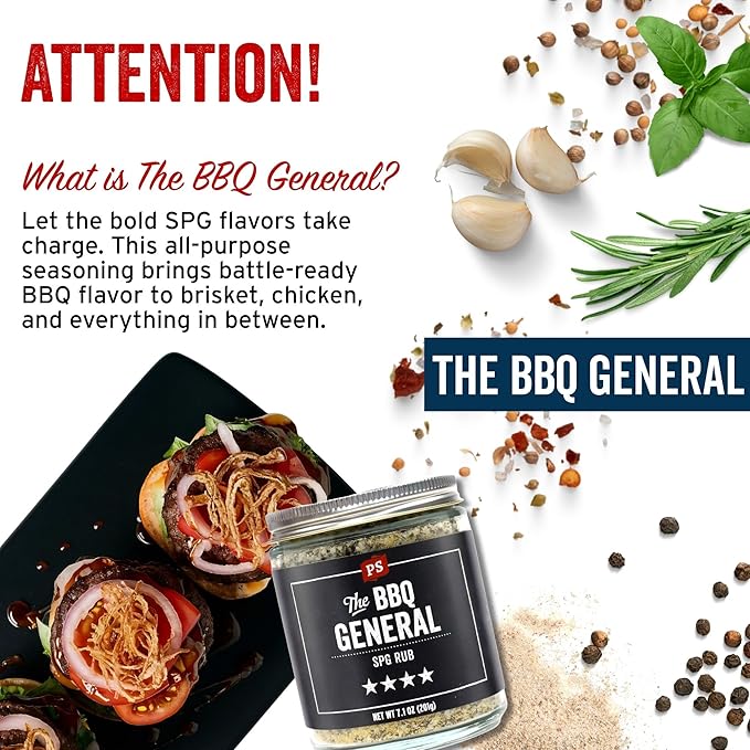PS Seasoning The BBQ General - SPG Seasoning, All-Purpose BBQ Seasoning and Rubs for Smoking and Grilling - Classic SPG Spice Blend and Multi-Purpose Dry Rub for Steaks, Pork, Chicken, Beef Brisket