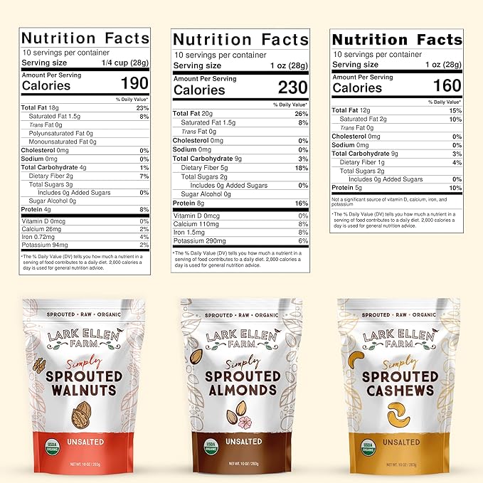 Lark Ellen Farm Sprouted Organic Nuts Variety Pack ??Almonds, Walnuts & Cashews ??Raw, Vegan, Gluten-Free, Non-GMO, Clean Label Snacks, (1 Bag Each, 10 oz)