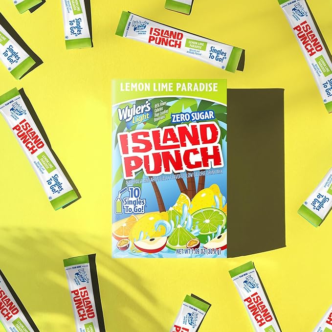 Wyler?셲 Light Island Punch Singles To Go, Lemon Lime Paradise, 10-Count per Box (12 Pack) ??Low Calorie Powdered Drink Mixes, Caffeine Free, Gluten Free, and Zero Sugar, 120 Total Powder Packets