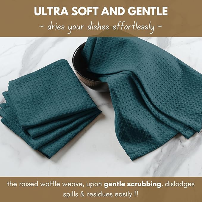 Native Fab Waffle 18 Pack Dish Cloths - Cotton, 12x12 inches, Absorbent, Quick Drying, Washable Towels for Cleaning, Cooking & Baking - Ideal for Home, Restaurants, Bars & Multi Use - Teal Green