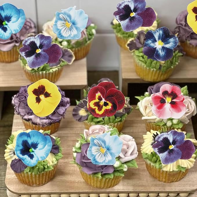 60 PCS Edible Flowers Cupcake Toppers Edible Spring Bridal Engagement Pansies Cake Decorations Wafer Paper Flowers Cupcake Picks for Baby Shower Kids Birthday Party Cake Food Decorations Supplies