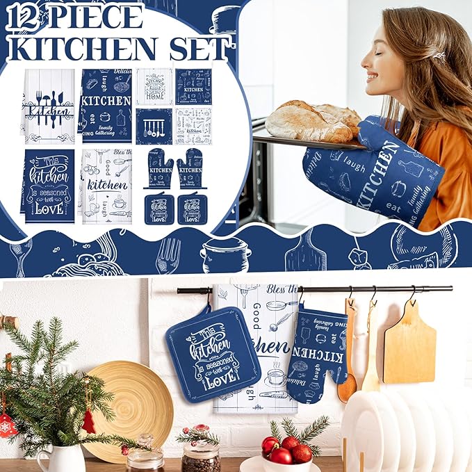 Bencailor 12 Pcs Farmhouse Kitchen Decor Sets, 8 Blue Kitchen Dish Towels 2 Pot Holders 2 Oven Mitts Glove, Rustic Hand Towels and Dishcloths Sets for Home Decorations Accessories Christmas Mom Gifts