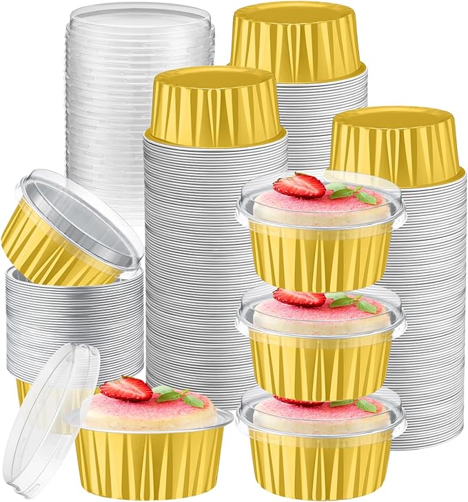 Gejoy 400 Pcs Aluminum Foil Baking Cups with Lids 5 oz Disposable Ramekins Mini Cake Pans Creme Brulee Cupcake Liners Muffin Tins Flan Mold Dessert Container for Wedding(Gold Color,Elegant)
