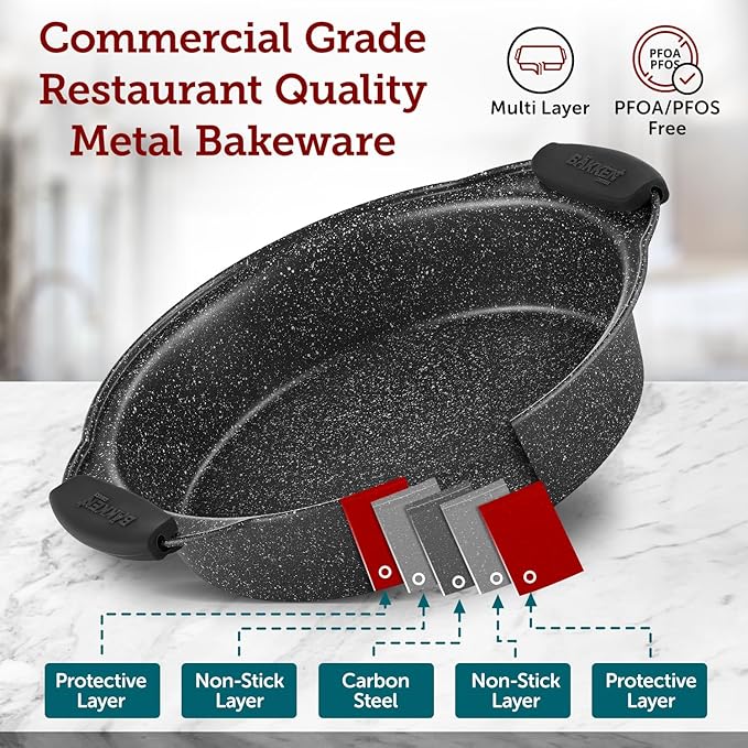 BAKKEN Kitchen Baking Pans - Medium (15.15 × 10.03") and Large (17.1 x 11.8") Nonstick Sheets, Carbon Steel Cookie Sheets with Red Silicone Handles, PFOA, PFOS, PTFE Free, Oven Safe (450°F), Set of 2