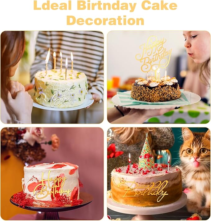 12PCS Gold Happy Birthday Cake Topper, Side Mirror Acrylic Happy Birthday Cake Topper with Gold and Silver Accents for Cupcake and Party Supplies
