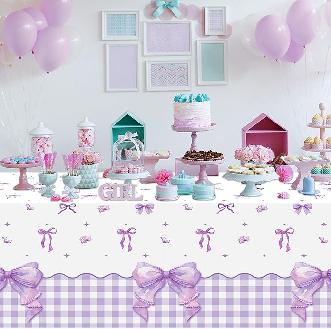 3Pcs Purple Bow Party Tablecloths - Coquette Bow Knot Party Table Covers Decorations Coquette Purple Rectangular Plastic Disposable Table Cloth Decor for Kids Girls Women Birthday Baby Shower Supplies