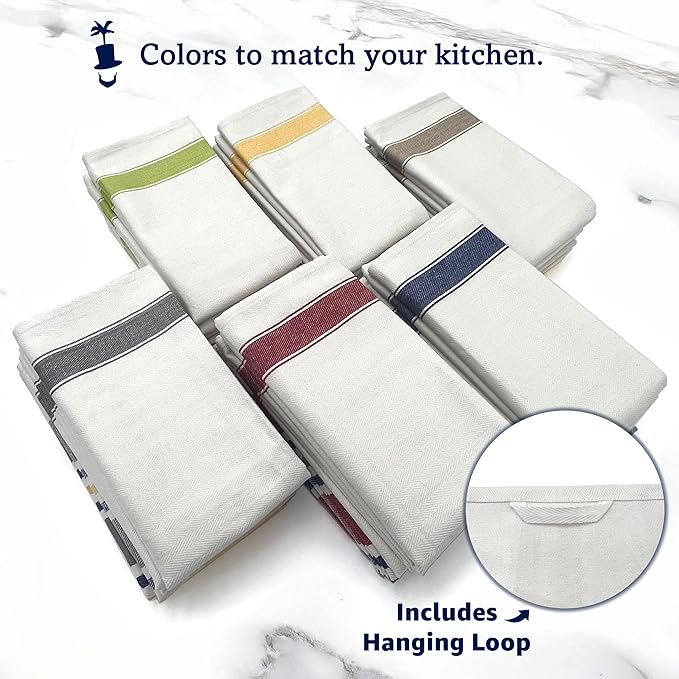 Lincoln & Palm Natural Cotton Tea Towels, 27 x 19, Set of 6 Herringbone Kitchen Dish Towels, Flour Sack Flat Woven for Drying Dishes, Hands, or Bread Proofing, Striped, Patterned Designs (Light Gray)
