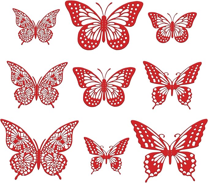 Gyufise Metallic Red Butterfly Cupcake Toppers Hollow Art 3D Butterfly Cupcake Decorations Baby Shower Wedding Anniversary Kids Birthday Party Cake Wall Decorations Supplies 36Pcs