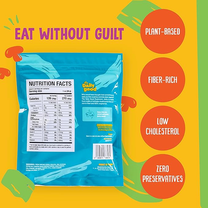 The Daily Good Mushroom Jerky - Single-Pack Snacks, Yummy High-Fiber Mushroom Snack, Meatless & Gluten-Free Food, Contains Eggs, Made from Shiitake Stalk, 0.58 lbs., Vegetarian, Original Flavor