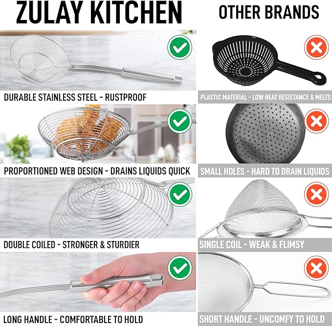 Zulay Kitchen Premium Stainless Steel Spider Skimmer 15.4??- Spider Kitchen Utensil with Premium Ergonomic Handles for Easy Use - Easy to Clean - Perfect for at Home Cooks & Chefs
