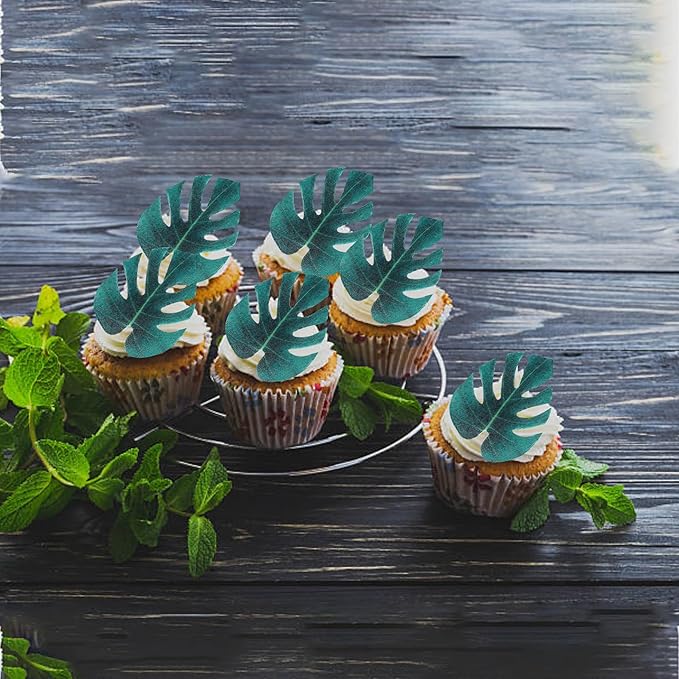 48 Pack Edible Tropical Turtle Leaf Cupcake Toppers Palm leaves Cake Picks for Summer Jungle Theme Baby Shower Kids Birthday Cake Decorations Party Supplies