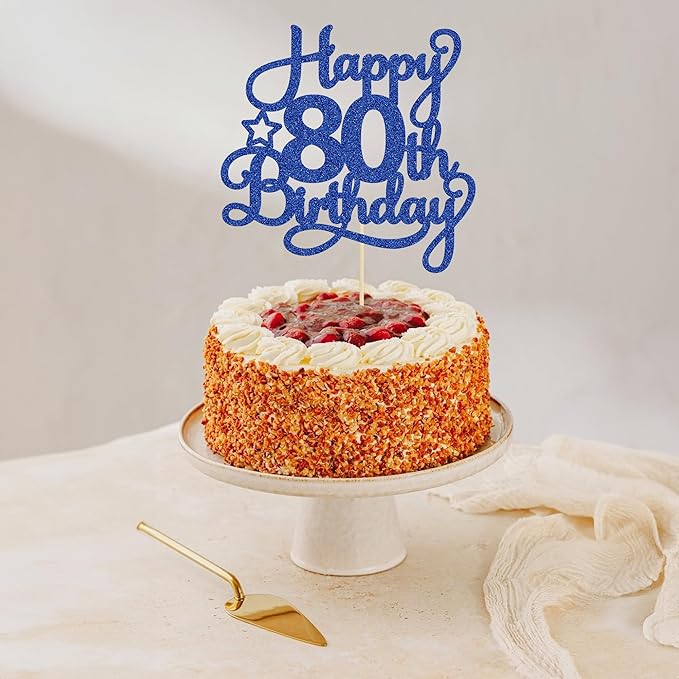 1 Pack Happy 80th Birthday Cake Topper Blue Glitter 80 & Fabulous Cheers to 80 Years Old Birthday Cake Pick for Celebrating 80th Birthday Anniversary Party Cake Decorations Supplies