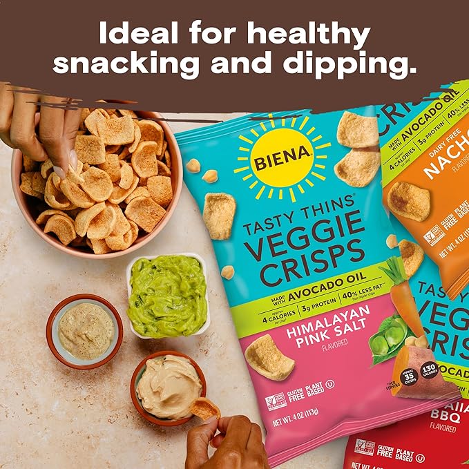 BIENA Tasty Thins Veggie Crisps - Low-Calorie Veggie Chips for Adults and Kids - Variety Pack (6x4-oz Bags) - Hawaiian BBQ, Himalayan Pink Salt, & Nacho