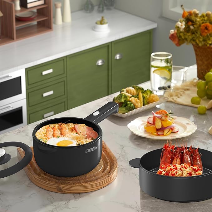 Dezin Electric Cooker, 2L Non-Stick Saut챕 Pan, Rapid Noodles Cooker, Mini Pot for Ramen with Power Adjustment, Dorm Room Essential