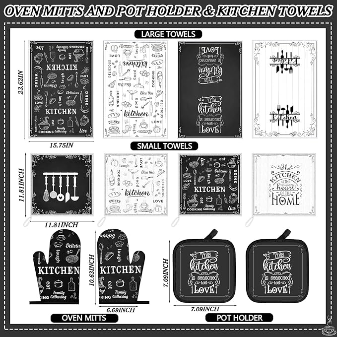Bencailor 12 Pcs Farmhouse Kitchen Decor Sets, 8 Black Kitchen Dish Towels 2 Pot Holders 2 Oven Mitts Glove, Rustic Hand Towels and Dishcloths Sets for Home Decorations Accessories Christmas Mom Gifts