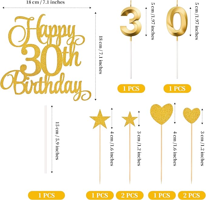 30th Birthday Cake Toppers, 30th Birthday Candles Numeral Candles and Glitter Cake Decorations Toppers Set for Party Supplies (Gold)