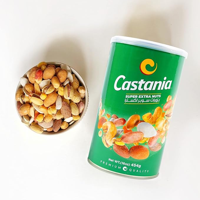 Castania BBQ Lebanese Mixed Nuts, Super Extra Mix with Pistachios, Almonds, Cashews, Hazelnuts, Peanuts, Pumpkin Seeds, Corn, and Chickpeas, 16oz (Pack of 4)