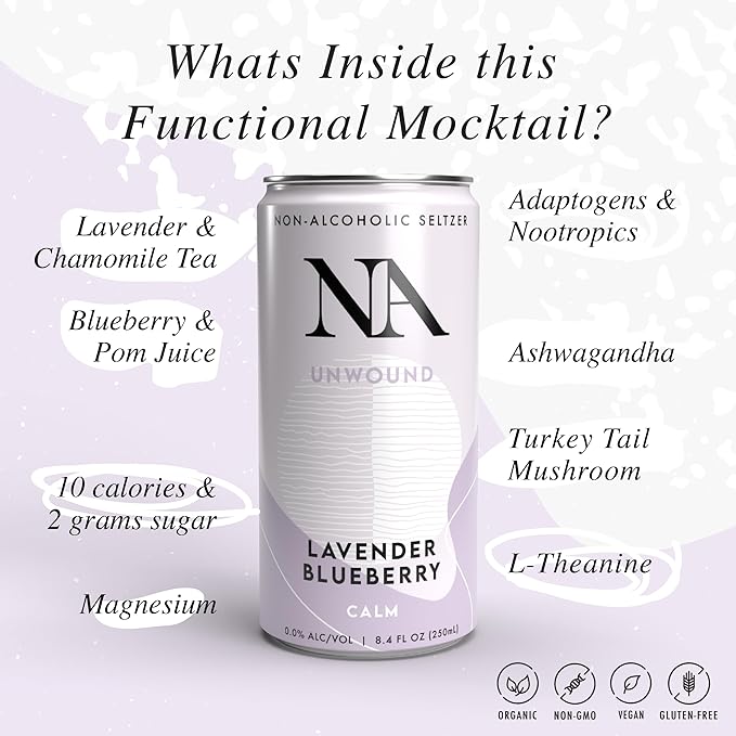 NA Non-Alcoholic Functional Adaptogen Drinks with Ashwagandha, Mushrooms and Magnesium for Calming | Low Sugar, Low Calorie Social Tonic | Lavender Tea & Blueberry, 8.4oz Cans (12 Pack)