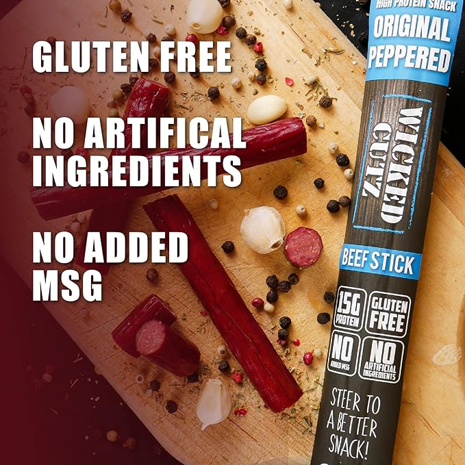 Wicked Cutz Original Peppered Beef Sticks, 15g Protein Per Beef Stick, Tender & Juicy Extra Large Meat Stick, USA Made High Protein Meat Sticks, Carnivore Snacks (12 Pack)