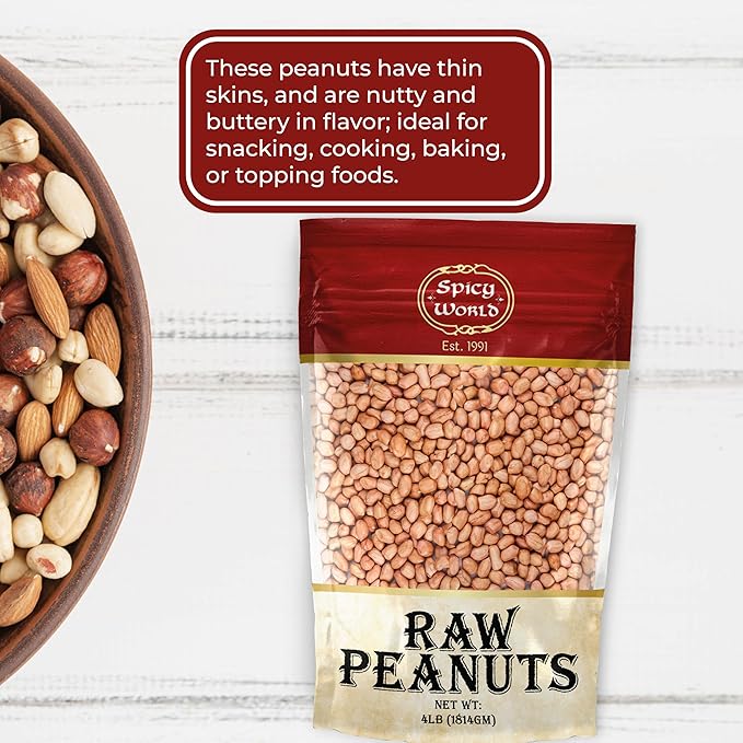 Spicy World Peanuts, Raw Whole With Skin (Uncooked, Unsalted) 4 Pound (64oz) ~ All Natural - USA Grown Red Skin Spanish Grade