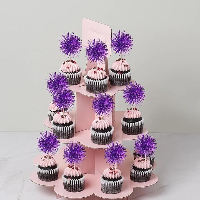 40 PCS Foil Firework Cupcake Toppers Fireworks Cupcake Picks Sparkle Tinsel Cake Decorations Cocktail Fruit Toothpick for Firework Theme Birthday Wedding Graduation Party Decorations Supplies Purple