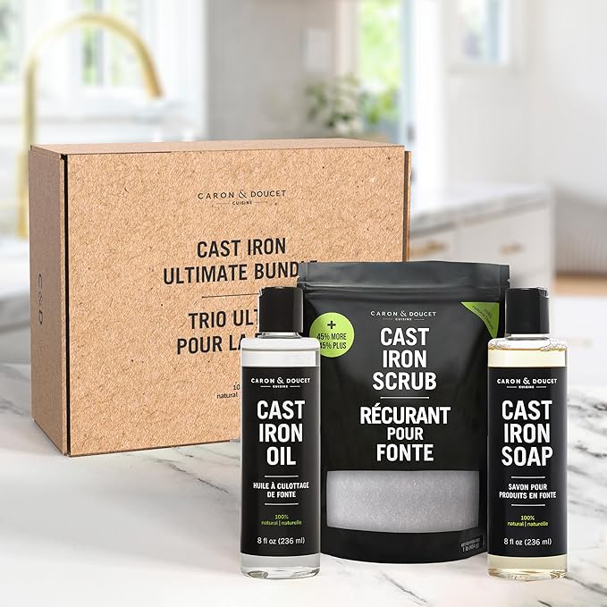 CARON & DOUCET ??New Ultimate Cast Iron Set: Seasoning Oil, Cleaning Soap & Restoring Scrub | 100% Plant-Based & Best for Cleaning Care, Washing, Restoring & Seasoning Skillets, Pans & Grills!