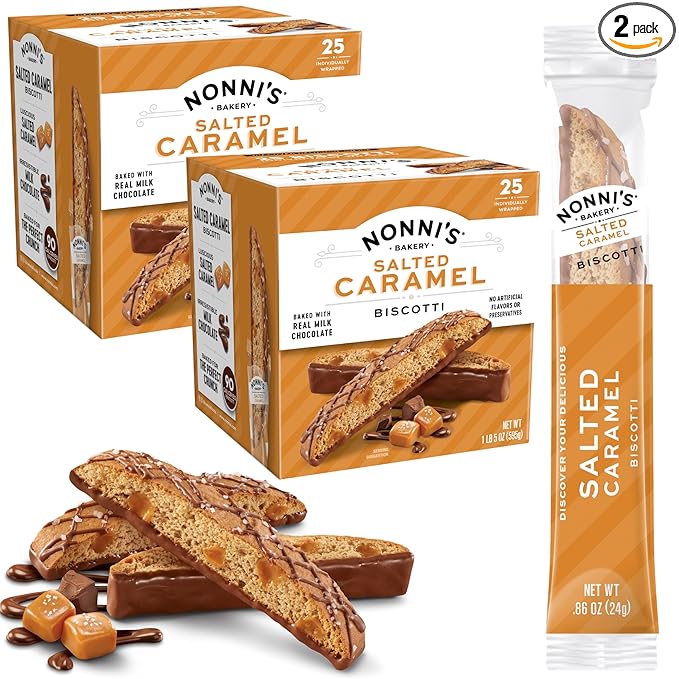 Nonni's Salted Caramel Milk Chocolate Biscotti Cookies ??Individually Wrapped Italian Coffee Snack, Crunchy Twice-Baked, 90 Cal Each, 21 oz Carton, 2 Pack