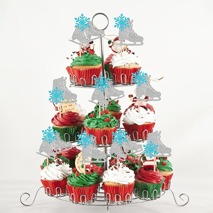 24 PCS Ice Skating Cupcake Toppers Glitter Ice Sports Snowflake Cupcake Picks for Skating Theme Baby Shower Kids Birthday Party Cake Decorations Supplies Silver Blue