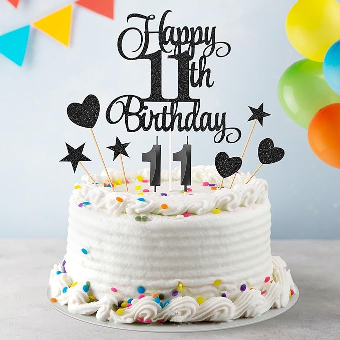 11th Birthday Cake Decorations, 11th Birthday Candles Cake Numeral Candles and Glitter Happy 11th Birthday Cake Toppers Set for Birthday Party Supplies (Black)