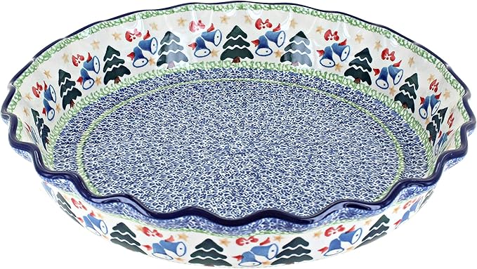 Blue Rose Polish Pottery - Blue Winter Bells Pie Plate - 10" Diameter - Ceramic Baking Dish, For Pies, Quiches & Desserts