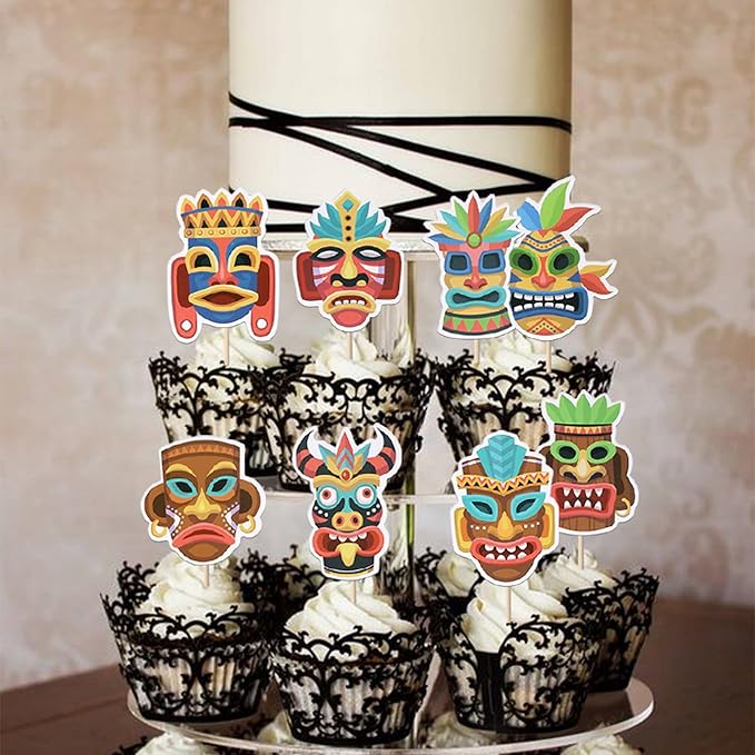 40 Pack Tiki Tribal Masks Cupcake Toppers Hawaiian Tropical Tiki Totem Cupcake Picks Summer Hawaiian Aloha Tropical Birthday Cupcake Decorations Party Supplies