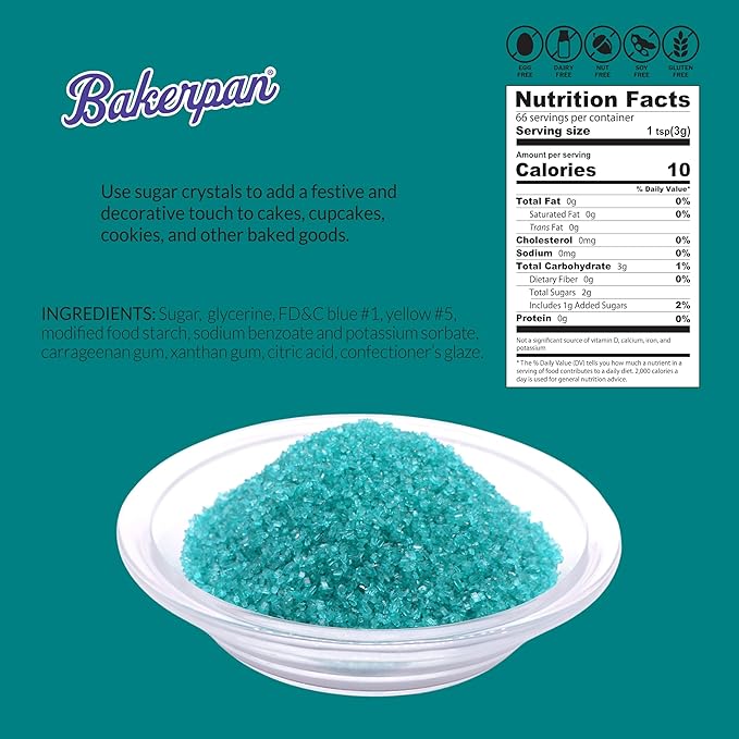 Bakerpan Sugar Sprinkles for Baking - 7 Ounce Teal Decorating Sugar Crystals for Cookies, Cake Pops, Ice Cream (Made in USA)