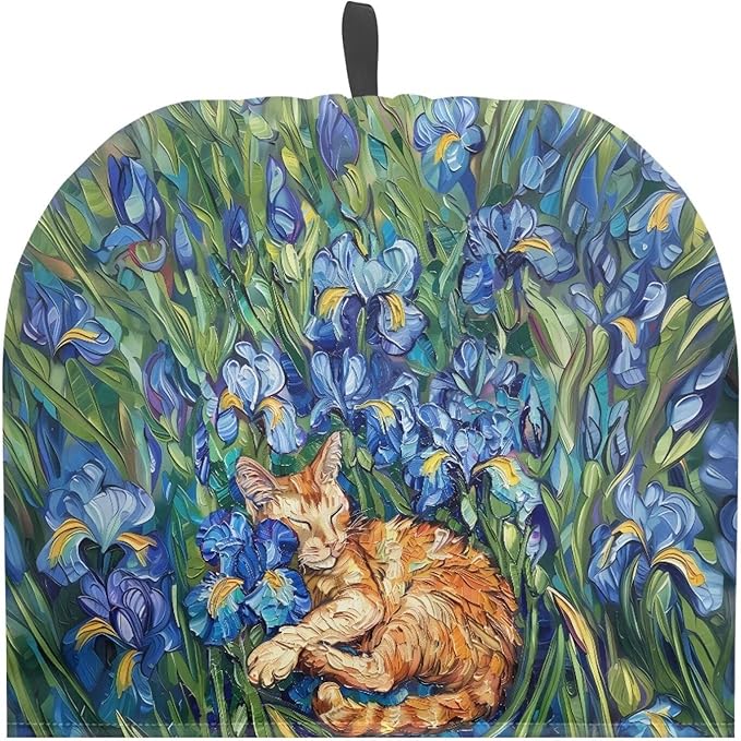 Cute Iris Cat Tea Cosy for Teapot with Handle Kitchen Kettle Dust Cover for Keeping Warm Machine Washable Tea Cosy Fabric Quilted Padding
