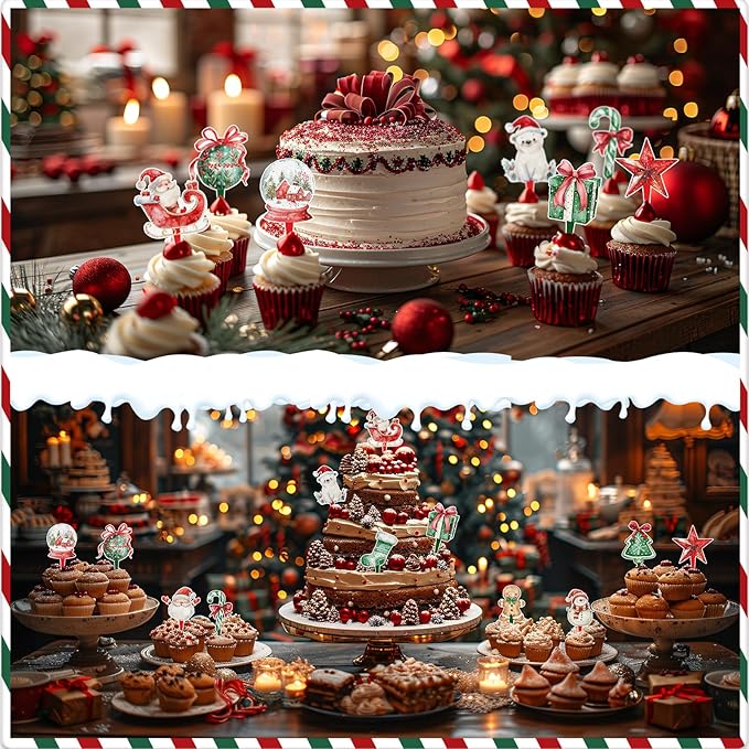 48 Pcs Christmas Cupcake Toppers - Festive Party Decorations for Christmas-Themed Birthdays, Baby Showers, and Holiday Cakes