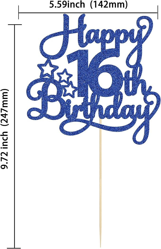 1 Pack Happy 16th Birthday Cake Topper Glitter Sweet 16 Cake Pick Birthday 16th Birthday Cake Decorations for Children 16th Theme Party Supplies Blue