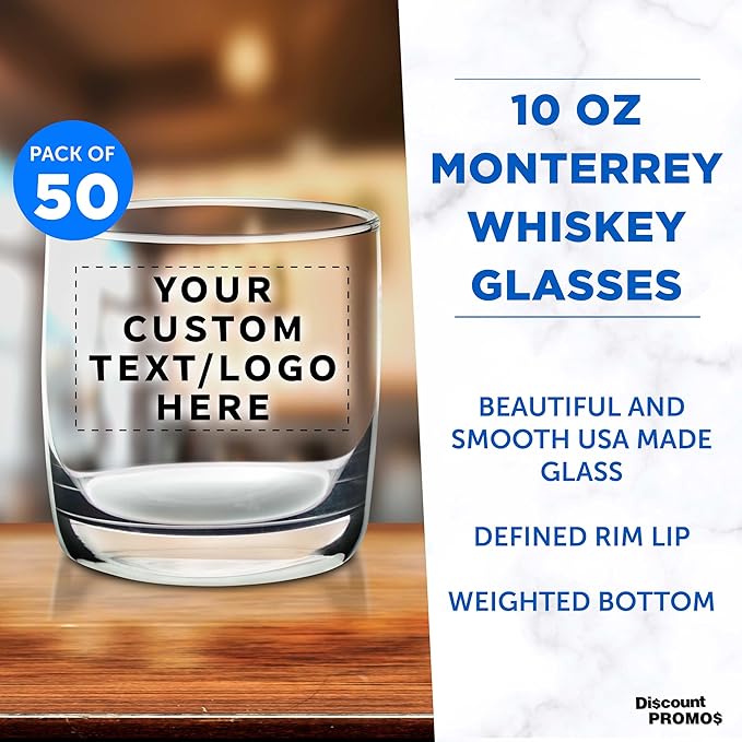 DISCOUNT PROMOS Custom Whiskey Glasses 10 oz Set of 50, Personalized Bulk Pack - Heavy Base Old Fashioned Glass, Perfect for Scotch, Bourbon, Whiskey, Cocktail - Clear Bottom Color