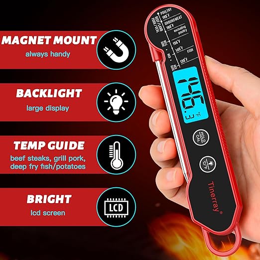 Digital Meat Thermometer for Cooking ??Waterproof Instant Read Food Thermometer with Backlight & Calibration, Fast Read, Folding Probe for BBQ, Grill, Candy, Deep Fry, Kitchen, Liquids, Beef竊늃edç«?,<div>