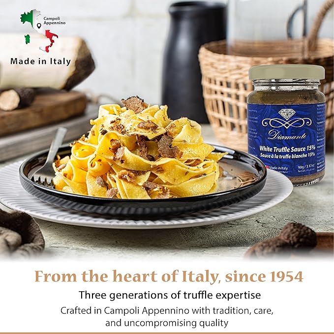 Diamante Italy White Truffle Sauce with High 15% White Truffle Content - Authentic Italian Gourmet White Truffle & Mushroom Sauce - Non GMO, Vegan & Made in Italy - 90g