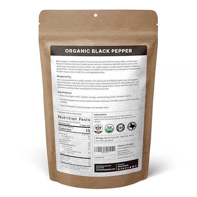 SPICY ORGANIC Black Peppercorns ??8 oz - Whole, Fresh, and Spicy Black Pepper for Grinder Refill, Premium Ceylon Quality, USDA Certified Organic, Gluten-Free, and Kosher