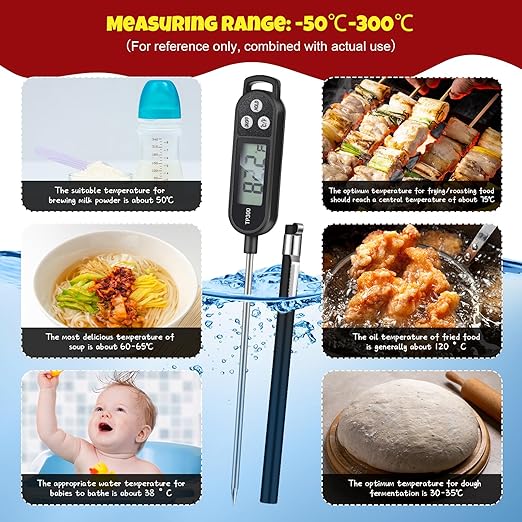 Waterproof Food Thermometer with Long Probe Digital Meat Thermometer for Water, Liquid, Candle and Cooking Instant Read for Kitchen BBQ Grill Candy(Black,White,Red)
