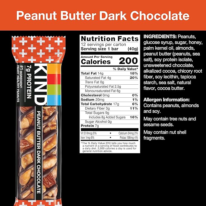 KIND Nut Bars, Peanut Butter Dark Chocolate, Healthy Snacks, Gluten Free, 8g Protein, 24 Count