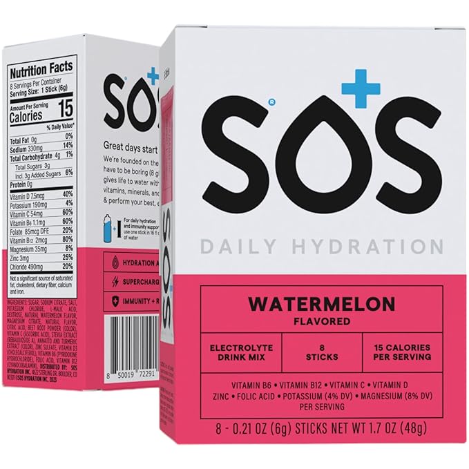 SOS Hydration Electrolyte Powder Packets, Watermelon Flavor, 8 Stick Packs ??Low-Calorie, Rapid Rehydration, Made in USA, Keto & Vegan Friendly